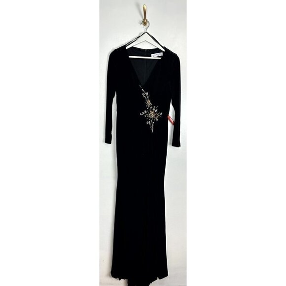 MAC DUGGAL Faux Wrap Long Sleeve Gown W/ Applique Detail in Black Size US 6 - Picture 3 of 9